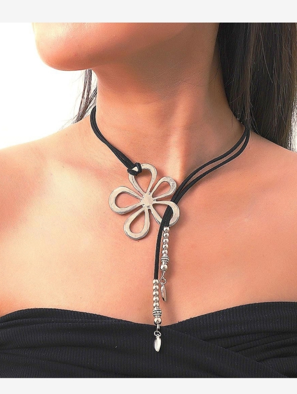 Statement Silver Flower Pendant on Black Leather Necklace. New In Bag ■